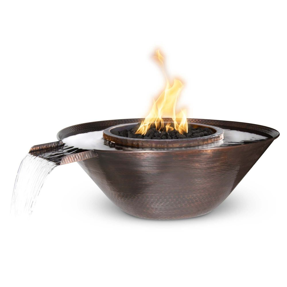 The Outdoors Plus OPT-31RCFOGSE12V-LP 31" Remi Hammered Copper Fire & Water Bowl - Gravity Spill - 12V Electronic Ignition - Liquid Propane